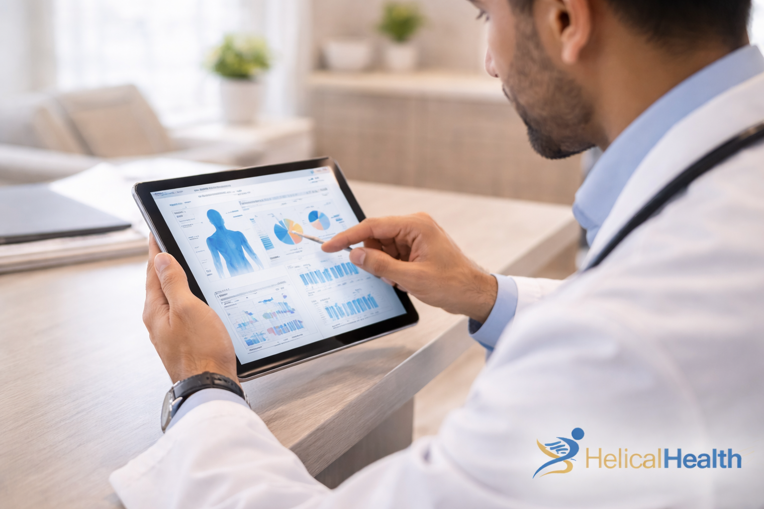 An over-the-shoulder view of a male doctor wearing a white coat and stethoscope, seated at a desk while holding a tablet. He is using his finger to point at colorful charts, graphs, and a human body silhouette displayed on the screen, suggesting health metrics or patient data analysis. The setting is a bright, modern clinic office, and the “HelicalHealth” logo appears in the lower right corner.