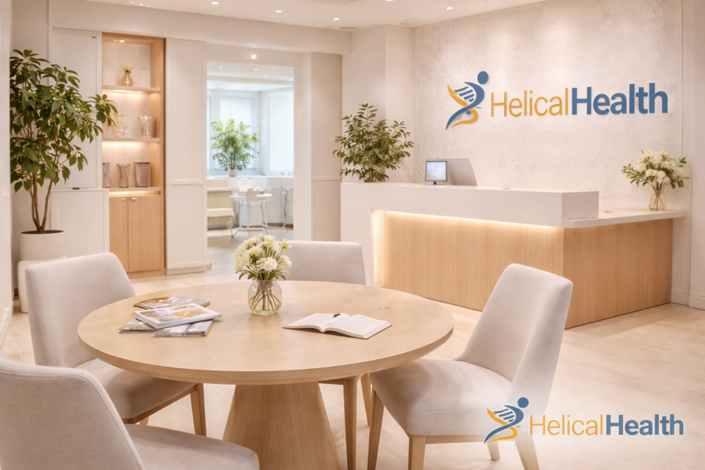 A bright, modern clinic reception area with light wood floors and soft neutral décor. A round wooden table with four upholstered chairs sits in the foreground, holding magazines, an open book, and a small vase of white flowers. In the background, a sleek reception desk with warm underlighting stands against a textured wall displaying the “HelicalHealth” logo. Potted plants and built-in shelving add a welcoming, spa-like atmosphere, with a treatment room visible through an open doorway.