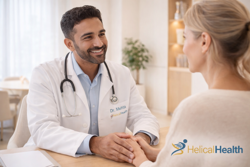A friendly male doctor wearing a white coat and stethoscope sits across from a female patient in a bright, modern clinic office. The doctor, whose coat reads “Dr. Mehta” with the HelicalHealth logo, smiles warmly while holding the patient’s hands in a reassuring gesture. The setting is softly lit with light wood accents and plants in the background, conveying a welcoming and compassionate healthcare environment. The “HelicalHealth” logo appears in the bottom right corner.