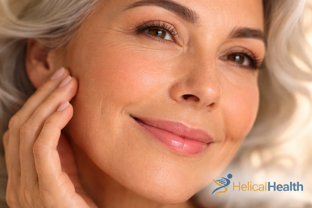 Close-up portrait of a smiling middle-aged woman with silver-gray hair gently touching her cheek. Fine lines and natural skin texture are visible, highlighting healthy, radiant skin. The image conveys confidence and graceful aging in a soft, warmly lit setting. The “HelicalHealth” logo appears in the bottom right corner.