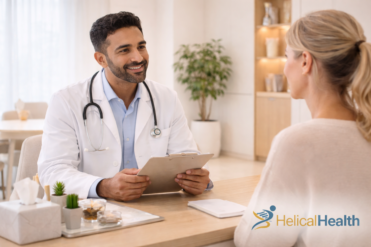 A friendly male doctor wearing a white coat and stethoscope sits at a desk in a bright, modern clinic office, smiling as he speaks with a female patient seated across from him. He holds a clipboard while listening attentively. The setting features light wood furniture, soft lighting, small plants, and neatly arranged items on the desk, creating a warm and professional atmosphere. The “HelicalHealth” logo appears in the bottom right corner.