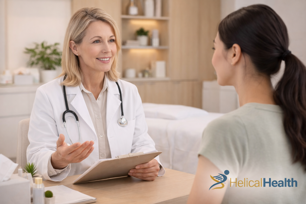 A female doctor wearing a white coat and stethoscope sits at a desk in a bright, modern exam room, speaking with a patient seated across from her. She holds a clipboard and gestures with her hand while explaining something, maintaining friendly eye contact. The room features light wood cabinetry, soft lighting, and a treatment bed in the background, creating a calm and professional healthcare environment. The “HelicalHealth” logo appears in the bottom right corner.